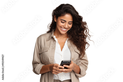 Smiling Latin woman using mobile phone isolated on transparent background