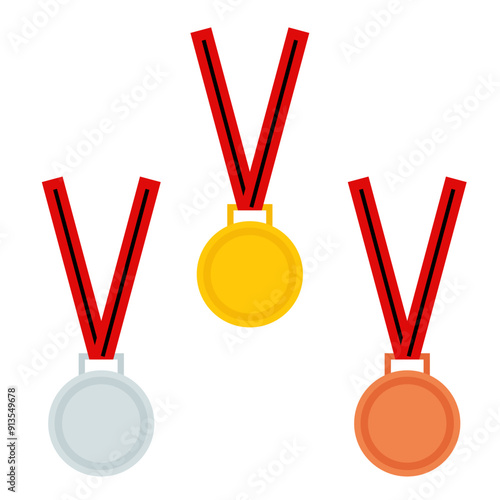 Gold, silver and bronze medals with red ribbons to be worn around the neck of winners in contests or championships