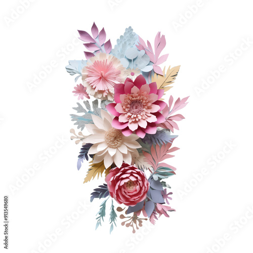 A close-up image of a delicate papercraft bouquet of pink and white flowers with greenery.