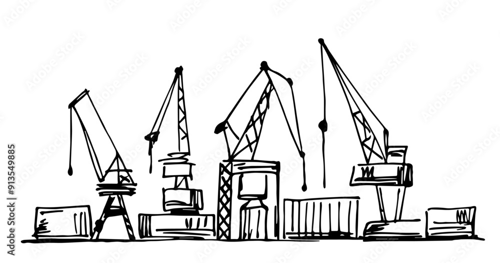 Obraz premium Seaport, cranes, delivery and shipment of goods, cargo transportation, shipping. Simple vector ink sketch.