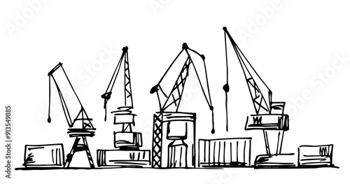 Seaport, cranes, delivery and shipment of goods, cargo transportation, shipping. Simple vector ink sketch.