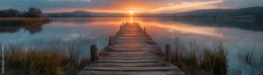 Serene Sunrise Over Tranquil Lake with Wooden Pier and Reflective Water Surface Serene Sunrise Over Tranquil Lake with Wooden Pier and Reflective Water Surface