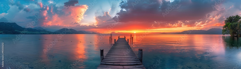 Stunning Sunset Over Serene Lake with Wooden Pier and Dramatic Clouds in the Sky Stunning Sunset Over Serene Lake with Wooden Pier and Dramatic Clouds in the Sky