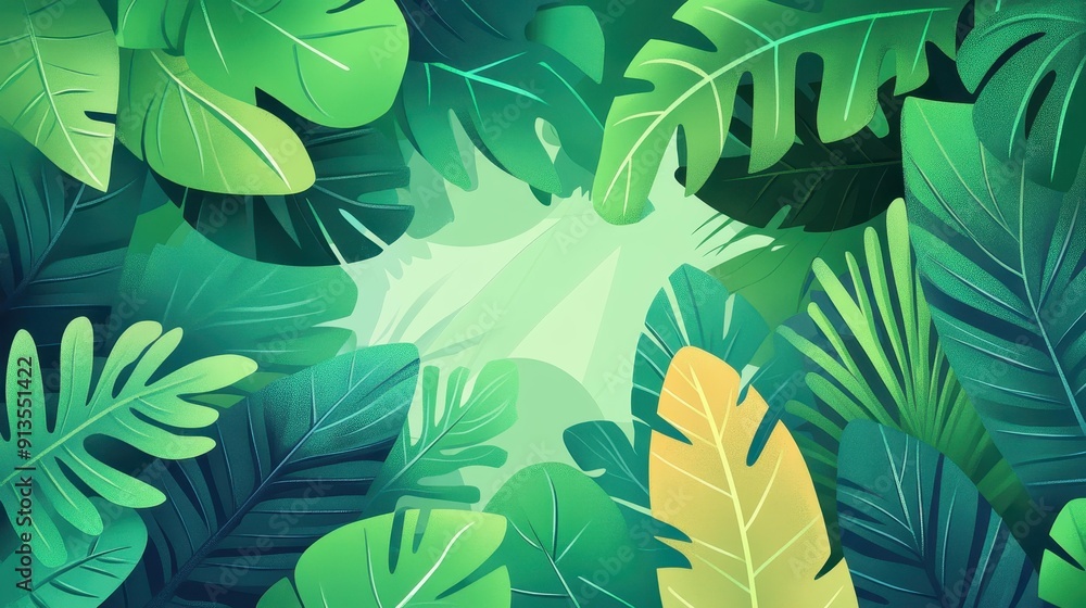 Fototapeta premium Vibrant green leaves create a serene rainforest backdrop, perfect for a modern art piece that embodies growth and summer vibes.