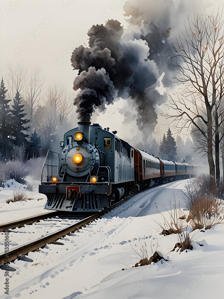 Obraz premium Winter Train Watercolor Landscape Nature Art