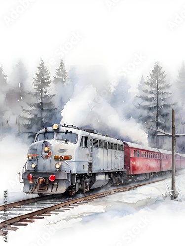 Winter Train Watercolor Landscape Nature Art