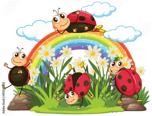 Happy Ladybugs Under Rainbow
