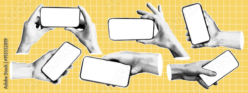 Set of halftone hands holding phone with empty display. Trendy elements in retro pop art style.