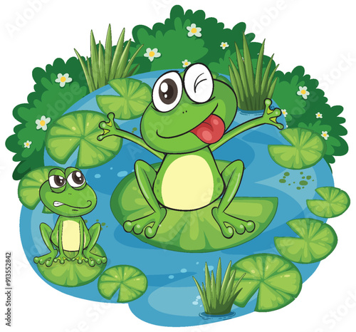 Happy Frogs in a Pond