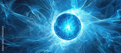 Radiant abstract blue background featuring a central glowing sphere created from dynamic energy waves and luminous plasma rays photo