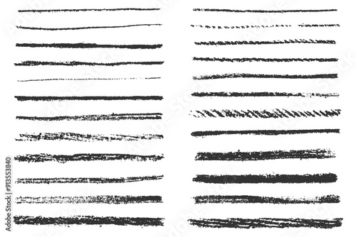 Brush strokes vector set. Crayon and chalk underline hand drawn marks. Pen and pencil sketch scribbles. Charcoal texture thin stripes on white background.