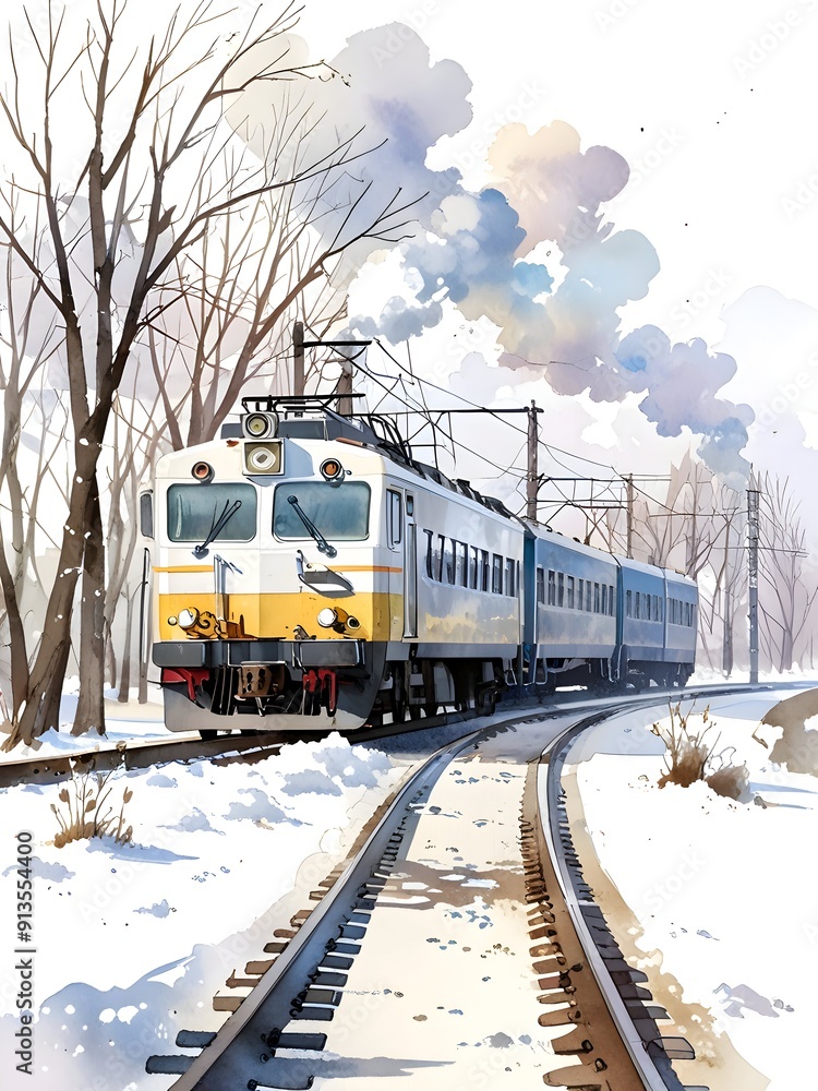 Winter Train Watercolor Landscape Nature Art Winter Train Watercolor Landscape Nature Art