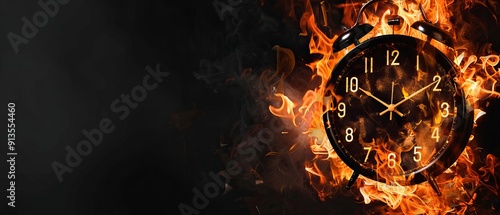 Flaming Clock Face with Roman Numerals Surrounded by Fire Time Urgency Concept Burning Timepiece Digital Art Abstract Dark Background Illustration