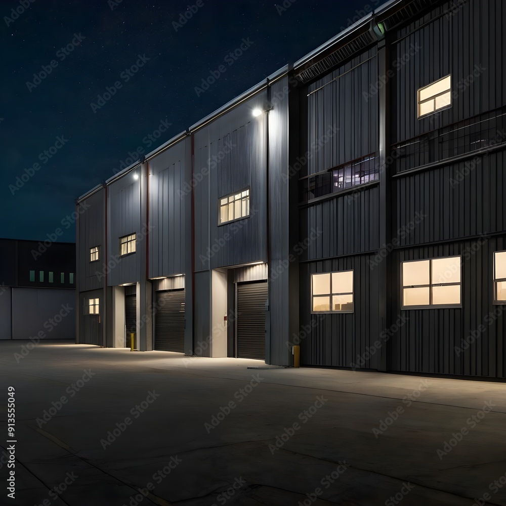 © Minidi - Exterior of a modern warehouse building  with a small office unit at night © Minidi - Exterior of a modern warehouse building  with a small office unit at night