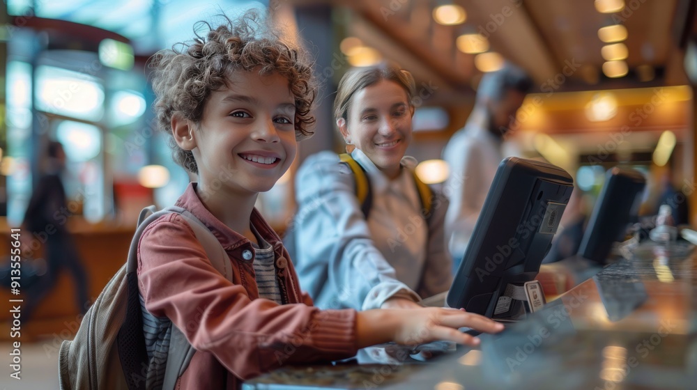 A family checking into a hotel using contactless payment and a digital room key. A family checking into a hotel using contactless payment and a digital room key.