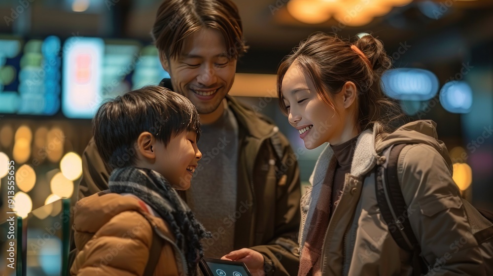 A family checking into a hotel using contactless payment and a digital room key. A family checking into a hotel using contactless payment and a digital room key.