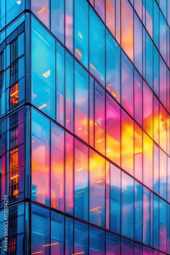 Modern Glass Office Building with Colorful Reflections at Sunset in Urban Cityscape Modern Glass Office Building with Colorful Reflections at Sunset in Urban Cityscape