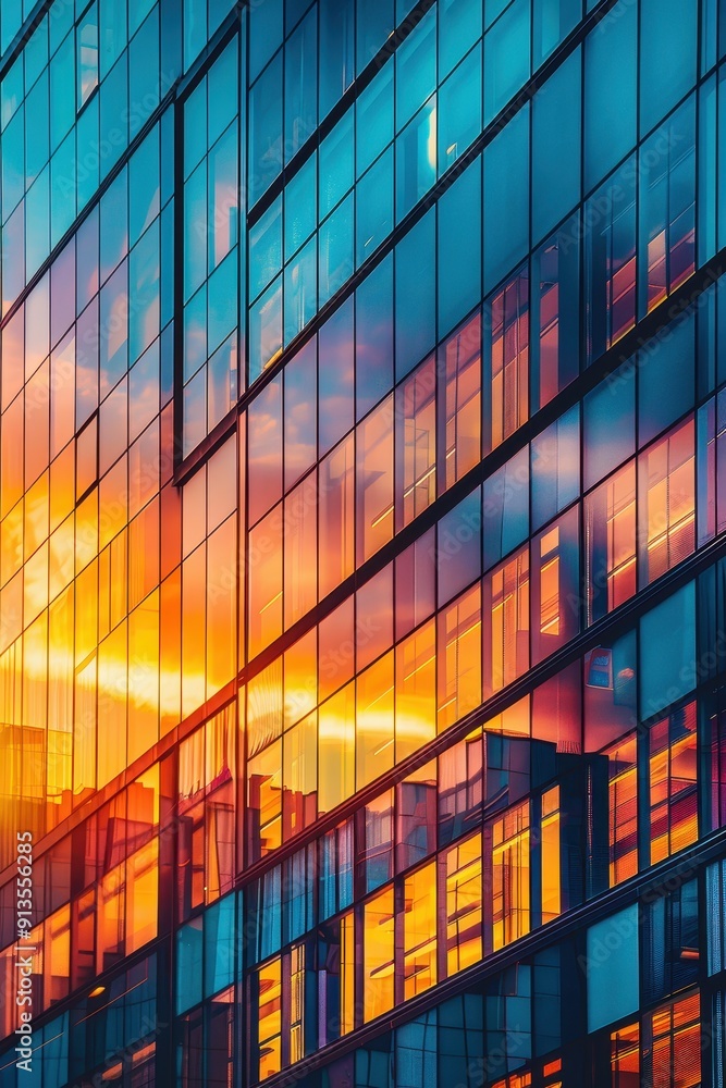 Modern Glass Building Reflecting Vibrant Sunset Colors in Urban Cityscape Modern Glass Building Reflecting Vibrant Sunset Colors in Urban Cityscape