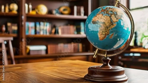 A vintage globe sits on a wooden table, with a blurred bookshelf and window in the background.