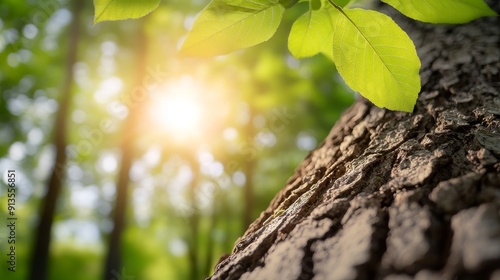 Forest scene with a prominent tree trunk, displaying rough, coarse bark, natural imperfections, and rich texture, sunlight filtering through leaves