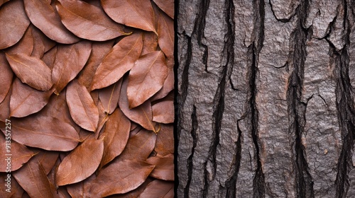 Intricate leaf patterns paired with the rugged lines of tree bark, highlighting the contrast between smooth and rough textures photo