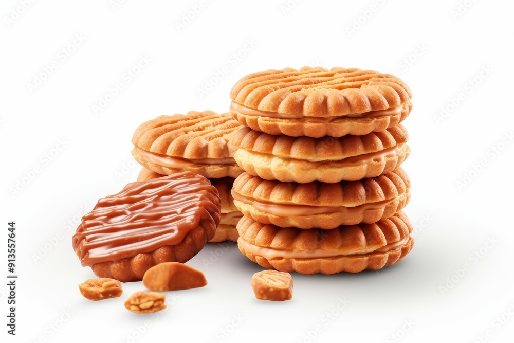 Realistic 3d rendering of tempting caramel cookies on clean white background for visual appeal Realistic 3d rendering of tempting caramel cookies on clean white background for visual appeal