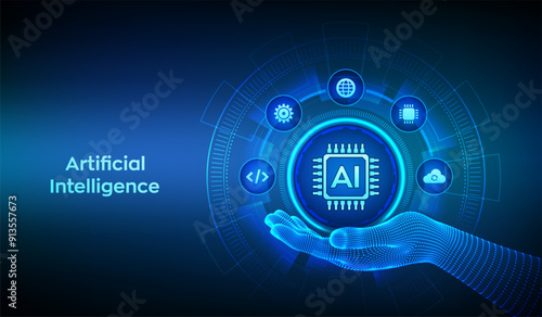 AI. Artificial Intelligence icon in wireframe hand. Machine Learning. Artificial Intelligence for big data analytics. Neural networks. Deep Learning. AI and virtual technology. Vector illustration.