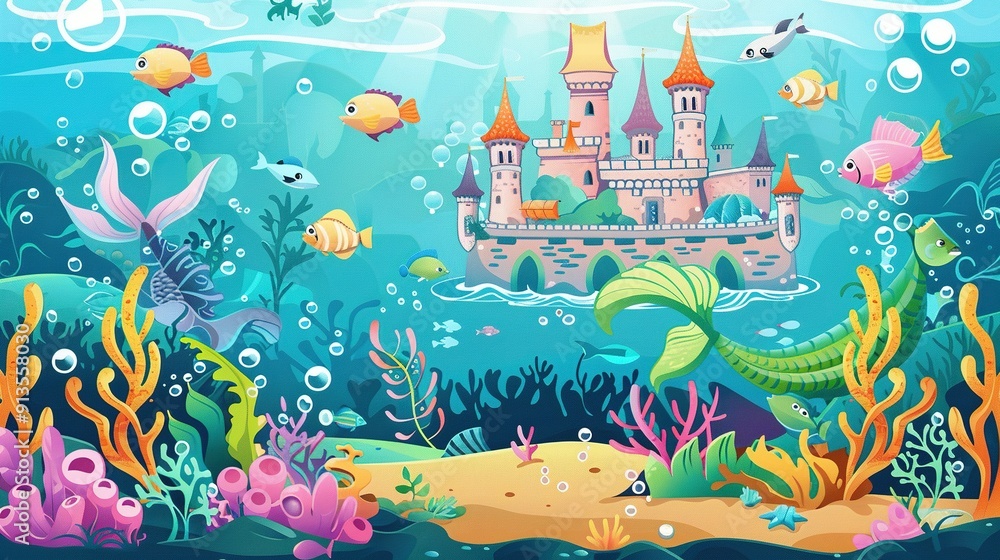Undersea Kingdom with Castle and Colorful Fish Undersea Kingdom with Castle and Colorful Fish