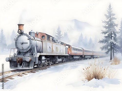 Winter Train Watercolor Landscape Nature Art