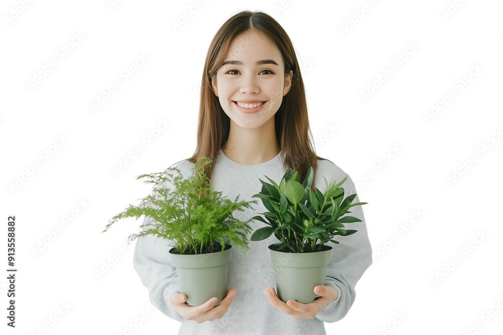 happy young woman standing holding potted plants on a transparent background happy young woman standing holding potted plants on a transparent background