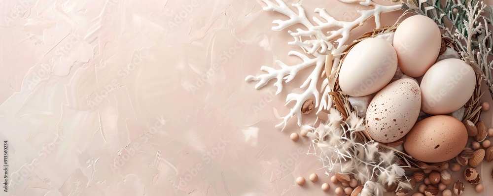 Chicken eggs on the right side of a soft-colored background, surrounded by natural decorations Chicken eggs on the right side of a soft-colored background, surrounded by natural decorations