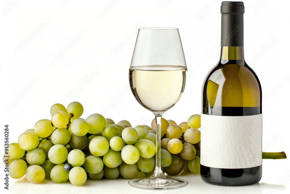 Elegant presentation of light wine bottle, glass, and green grapes on white background, frontal view Elegant presentation of light wine bottle, glass, and green grapes on white background, frontal view