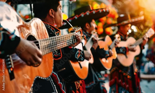 Musicians dressed in traditional mariachi outfits playing guitars at an outdoor event with warm lighting