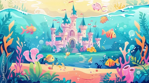 Underwater Castle with Fish and Seaweed