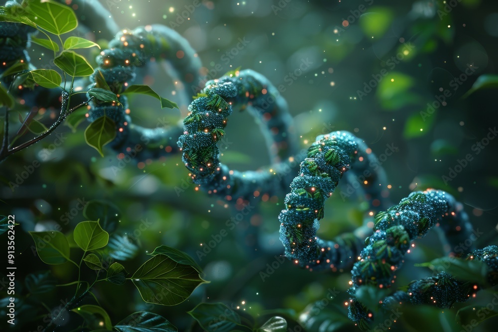 A vibrant DNA strand surrounded by lush green foliage, symbolizing nature and genetic research. A vibrant DNA strand surrounded by lush green foliage, symbolizing nature and genetic research.