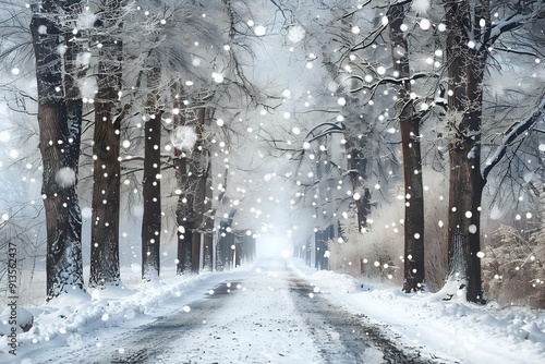 Snowy Road Winds Through a Serene Winter Wonderland of Snow-Covered Trees and Falling Snowflakes
