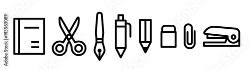 Stationery icon set. Notebook, scissors, pens, paperclip, stapler, eraser, etc.