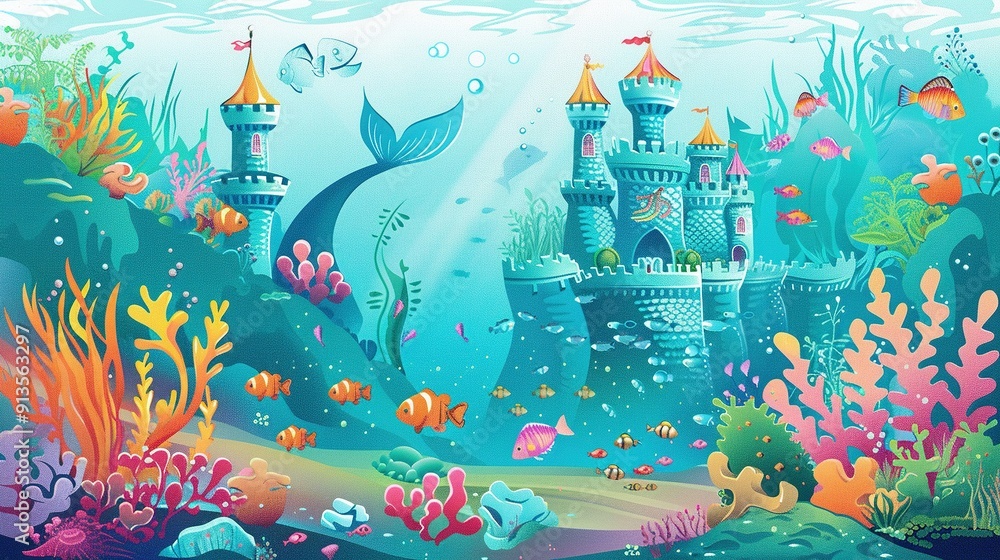 Fototapeta premium Underwater Castle with Mermaid Tail and Fish