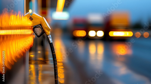 Fuel Pump Nozzle at a Gas Station with Blurry Lights and a Truck in the Background - Perfect for Transportation or Fuel Industry Themes photo