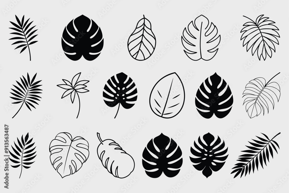 Monstera and Philodendron Pot Plant Icon Set - Black & White Abstract Plant Symbols Monstera and Philodendron Pot Plant Icon Set - Black & White Abstract Plant Symbols