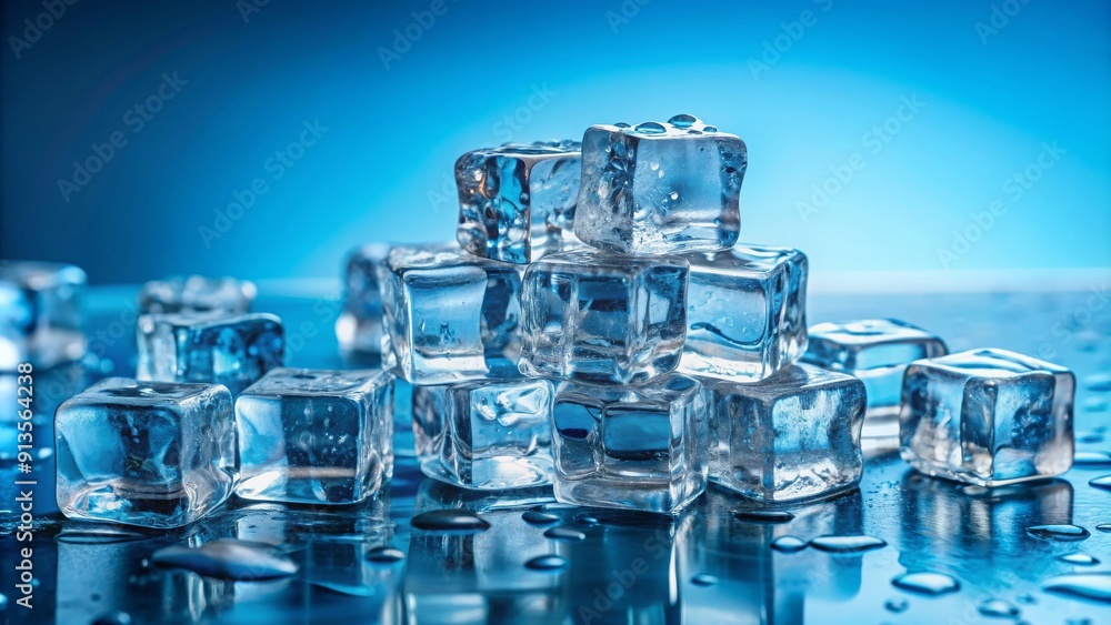 Ice cubes melting on a bright blue background, ice cubes, cold, refreshment, frozen, water, melting, summer, cool, chilling Ice cubes melting on a bright blue background, ice cubes, cold, refreshment, frozen, water, melting, summer, cool, chilling