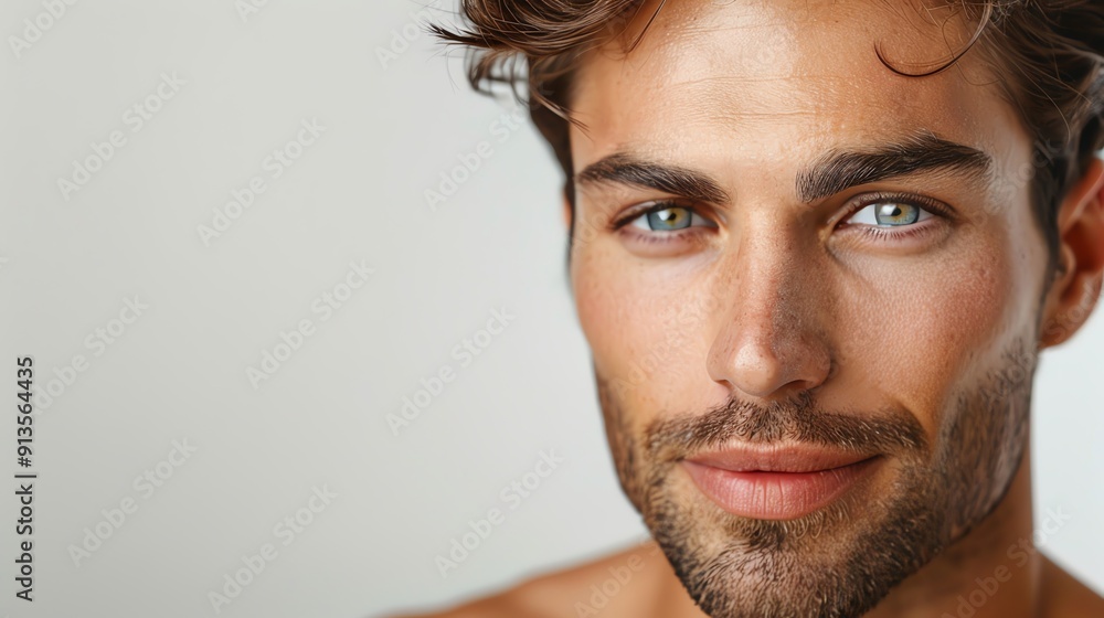 Fototapeta premium Portrait of a handsome young man with blue eyes and a well-groomed beard, exuding confidence and charm against a neutral background.