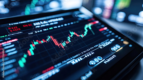 Close-up view of a digital financial market chart displayed on a screen showing stock market trends and analysis.