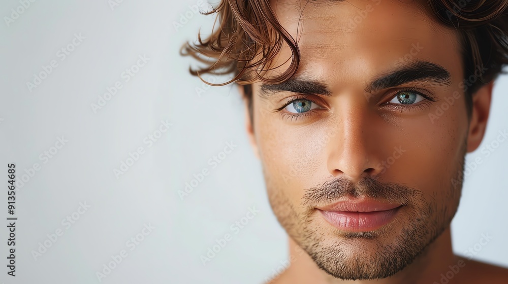 Portrait of a young man with striking blue eyes, wavy brown hair, and a confident expression against a light background. Portrait of a young man with striking blue eyes, wavy brown hair, and a confident expression against a light background.