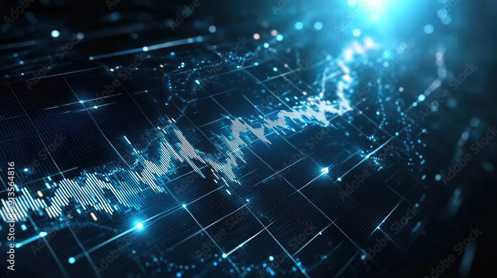Digital data visualization of a fluctuating line graph with a futuristic blue glow, representing financial markets or technology trends. Digital data visualization of a fluctuating line graph with a futuristic blue glow, representing financial markets or technology trends.