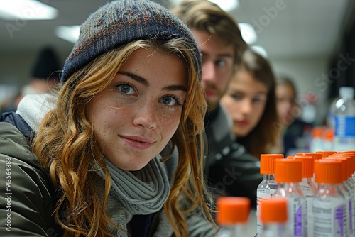 Young woman with a warm expression, surrounded by friends in a casual indoor setting, showcasing friendship and connection.