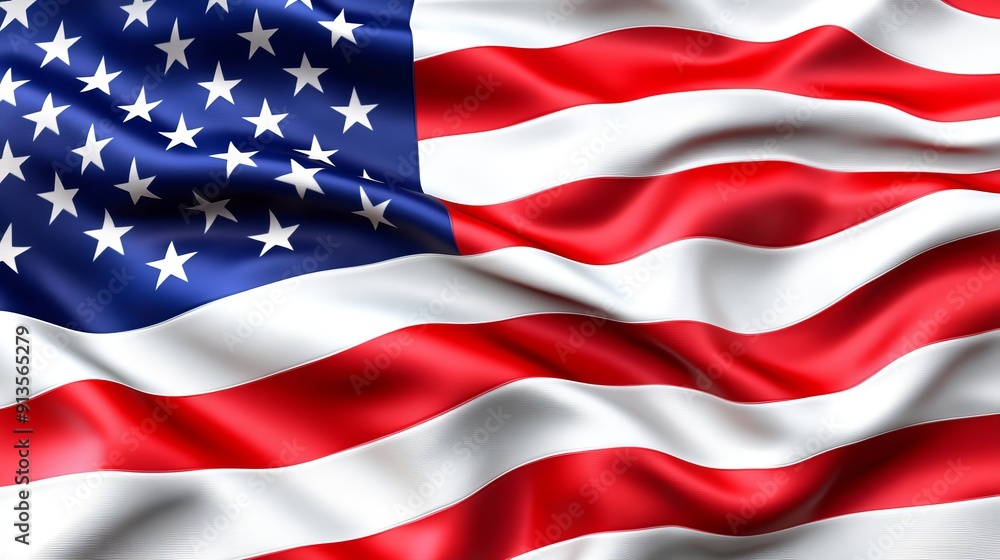 Realistic waving American flag, vivid red, white, and blue colors, each star sharply defined on a dark blue field, captured mid-wave, full detail Realistic waving American flag, vivid red, white, and blue colors, each star sharply defined on a dark blue field, captured mid-wave, full detail