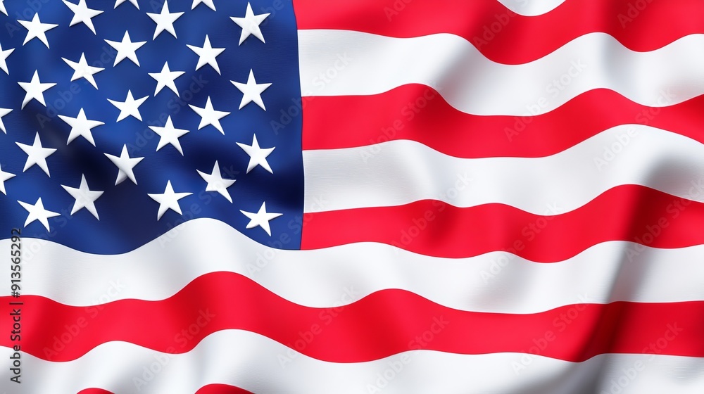 Obraz premium Realistic waving American flag, vivid red, white, and blue colors, each star sharply defined on a dark blue field, captured mid-wave, full detail