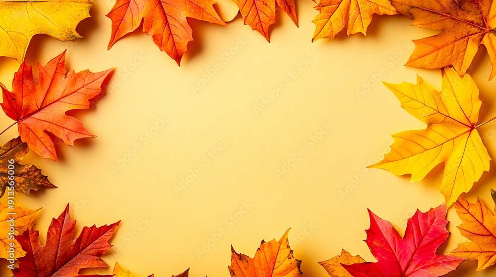 Fototapeta premium A frame made of colorful autumn leaves on a yellow background