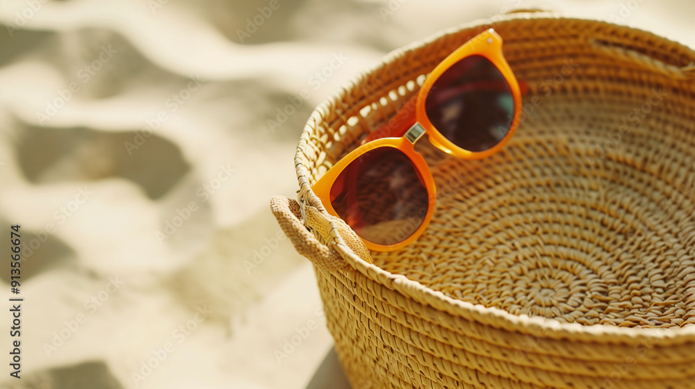 Bright Orange Sunglasses Resting on a Woven Basket in a Sandy Beach Setting Bright Orange Sunglasses Resting on a Woven Basket in a Sandy Beach Setting